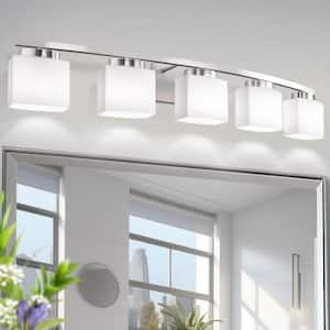 41 in. 5-Light Nickel Modern Square Vanity Light for Bathroom, Bedroom with Curved Arms and Milk White Glass Shades