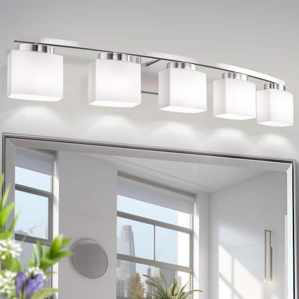 YANSUN 41 in. 5-Light Nickel Modern Square Vanity Light for Bathroom, Bedroom with Curved Arms and Milk White Glass Shades