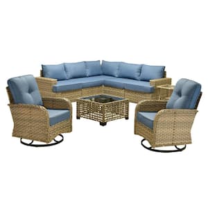 Aimee 9-Piece Wicker Patio Conversation Seating Sofa Set with Blue Cushions and Swivel Rocking Chairs