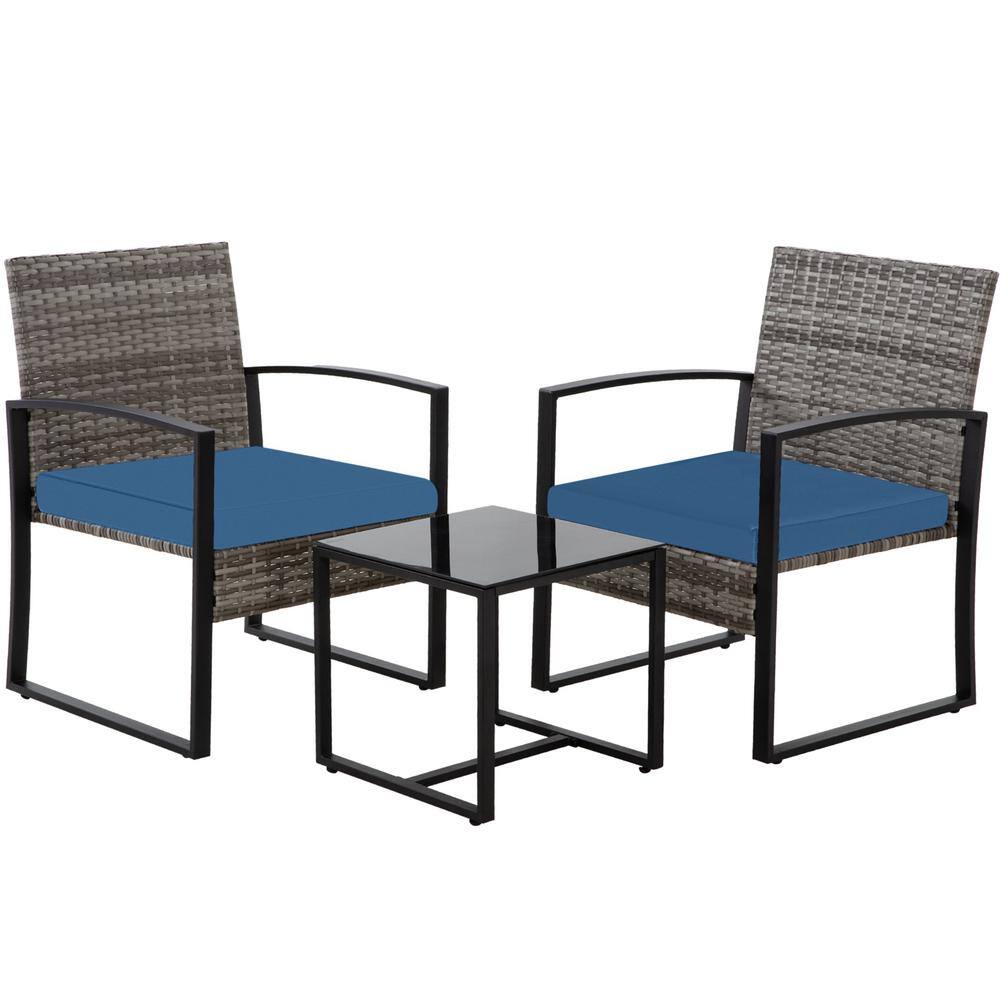 Gray 3 Pieces Bistros Sets Outdoor Wicker PE Rattan Chairs Conversation Sets with Blue Cushions and Coffee Table price history on PriceWatchPro