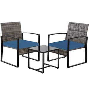 Gray 3 Pieces Bistros Sets Outdoor Wicker PE Rattan Chairs Conversation Sets with Blue Cushions and Coffee Table