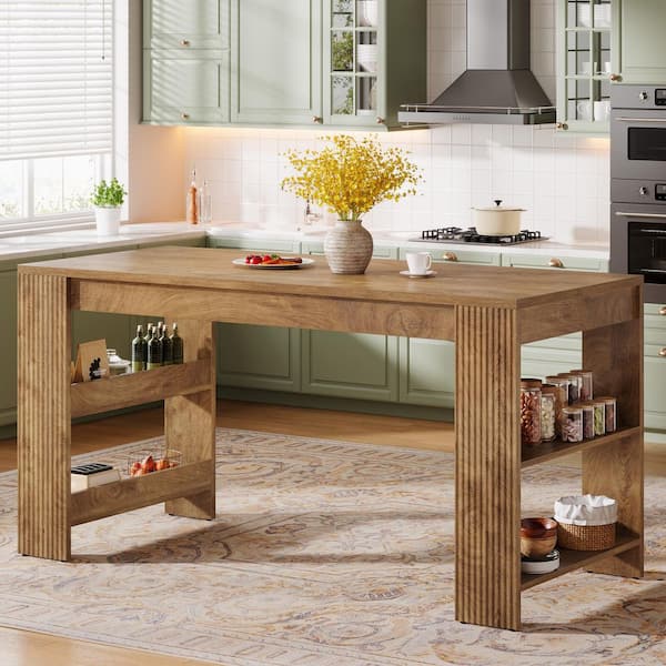 Halseey Brown Wood 63 in. Kitchen Island with Storage, Farmhouse Stationary Island Table Counter Height Dining Table