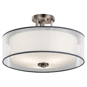 Tallie 18 in. 3-Light Antique Pewter Hallway Transitional Semi-Flush Mount Ceiling Light with Organza Shade
