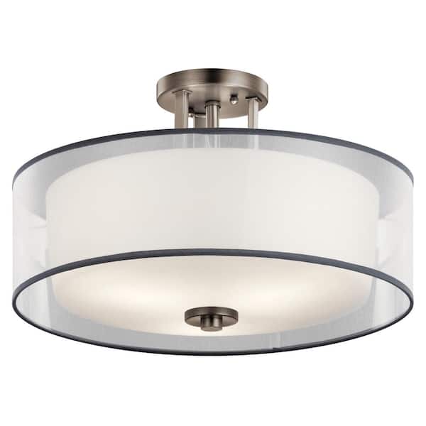 KICHLER Tallie 18 in. 3-Light Antique Pewter Hallway Transitional Semi-Flush Mount Ceiling Light with Organza Shade