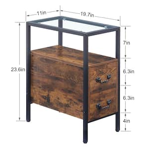 Brown End Table, Narrow side Table 2-Drawers Open Storage Shelf, Glass Top Nightstand 19.7 in. L x 11 in. W x 23.6 in. H