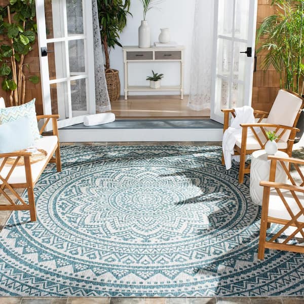 Courtyard Light Gray/Teal 9 ft. x 12 ft. Medallion Indoor/Outdoor Patio  Area Rug