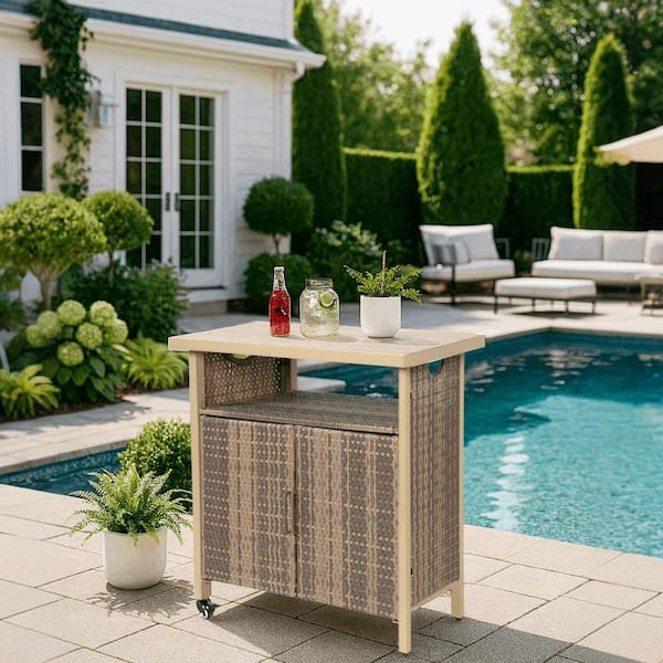 Outdoor Wicker Serving Cart, Outdoor Rolling Cart and Patio Bar Table, Outdoor Storage Cabinet for Porch Backyard Garden