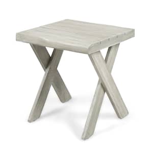 Light Grey Square Acacia Wood Outdoor Side Table for Deck, Backyards, Lawns, Poolside, and Beaches