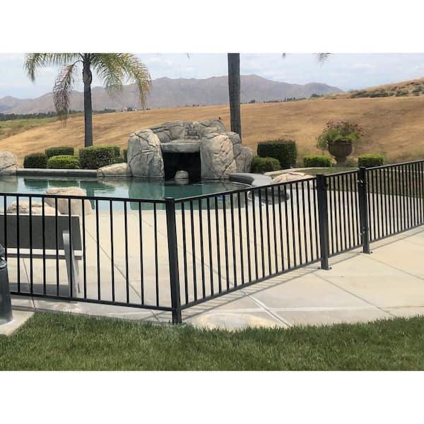 2.67 ft. x 64 ft. Blk Ornamental Space Bar Flat Metal Fence Panel Kit (8 panels,Posts,brackets,Gate) AboveGround Install
