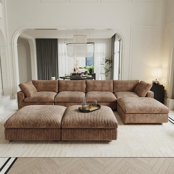 157 in. Square Arm Soft Faux Rabbit Fur Velvet 7-Piece Modular Sectional Sofa with Ottoman,Washable Covers in Brown