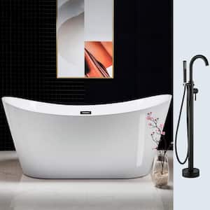 67 in. L x 31.5 in.W Acrylic Flat Bottom Bathtub in White with Matte Black Drain and Tub Filler