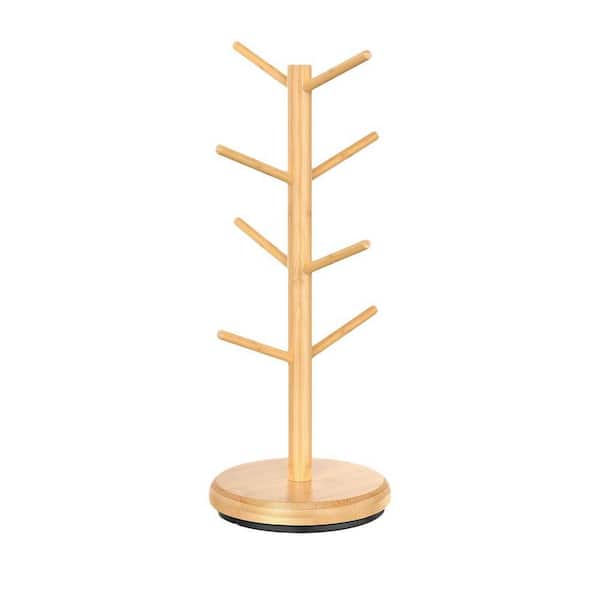 8-Hook Natural Bamboo 360° Rotating Mug Tree Stand for Kitchen Countertop Coffee Cup Holder Organizer