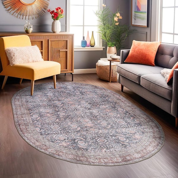 Vintage Inspired Machine Washable Non Slip Charcoal 5 ft. x 7 ft. OVAL Area Rug