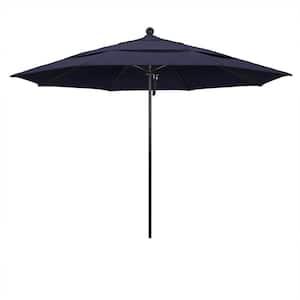 11 ft. Black Aluminum Commercial Market Patio Umbrella with Fiberglass Ribs and Pulley Lift in Navy Blue Sunbrella