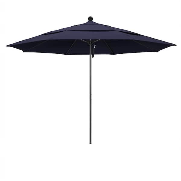 California Umbrella 11 ft. Black Aluminum Commercial Market Patio Umbrella with Fiberglass Ribs and Pulley Lift in Navy Blue Sunbrella