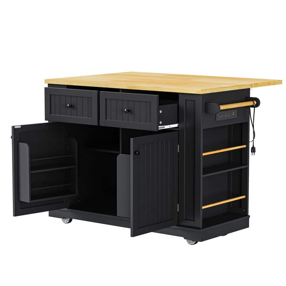 Black Wood 48 in. Kitchen Island Cart with Drop Leaf, Power Outlet, 5-Wheels, 2-Drawers, 5-Open Side Racks
