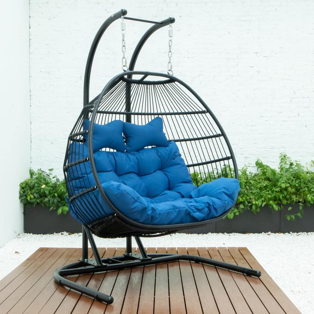 Blue Wicker Double Hanging Egg Chair with Cushions