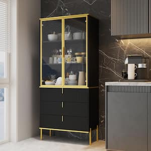 Black and Gold Wooden 31.5 in. Width Sideboard, Storage Cabinet, Bookcase with Tempered Glass Doors 3-Drawer and 3-Shelf