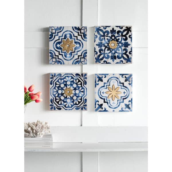 4-Pieces Floral Textured Wall Art 9.5 in. W x 9.5 in. H Modern Abstract and White+Blue Wooden Decorative Art Panel