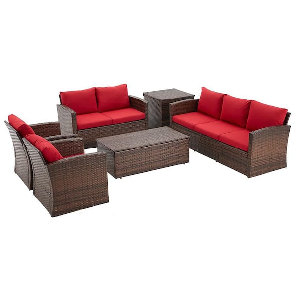 7-Pieces Brown Wicker All Weather Outdoor Sofa Sectional Set with Red Cushions Side Table and Coffee Table