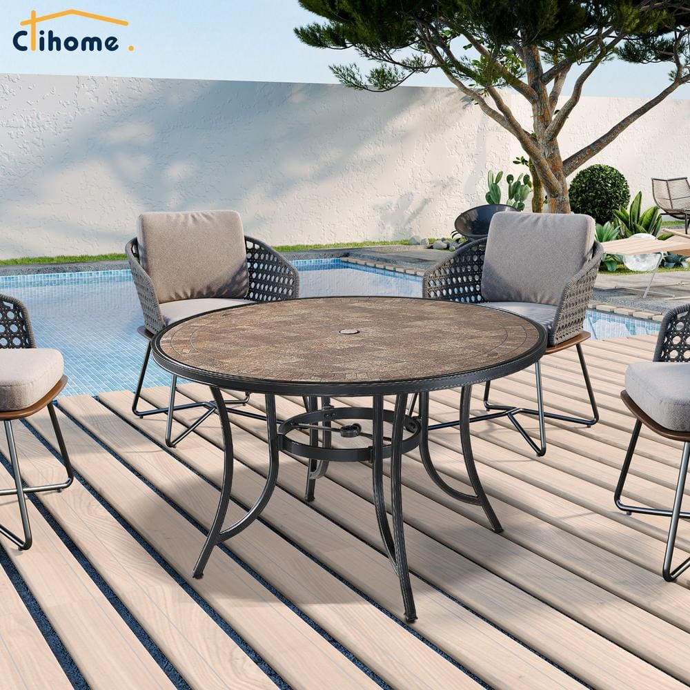 48 in.D Cast Aluminum Dining Table with Ceramic Tabletop and Umbrella Hole