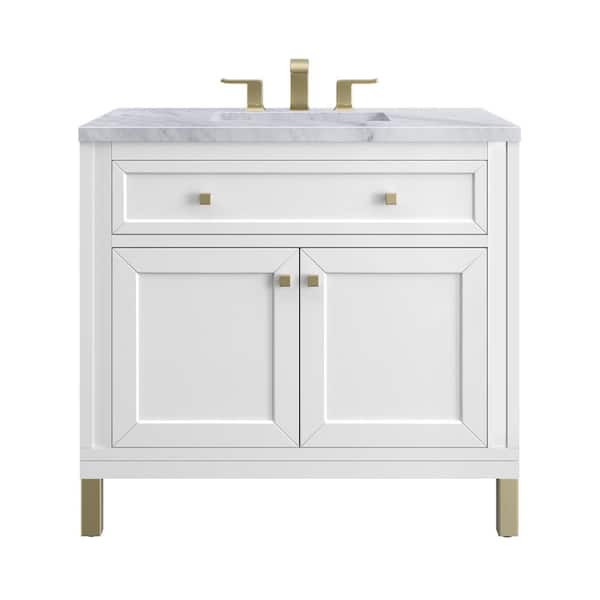 James Martin Vanities Chicago 36.0 in. W x 23.5 in. D x 34 in. H Bathroom Vanity in Glossy White with Carrara Marble Marble Top