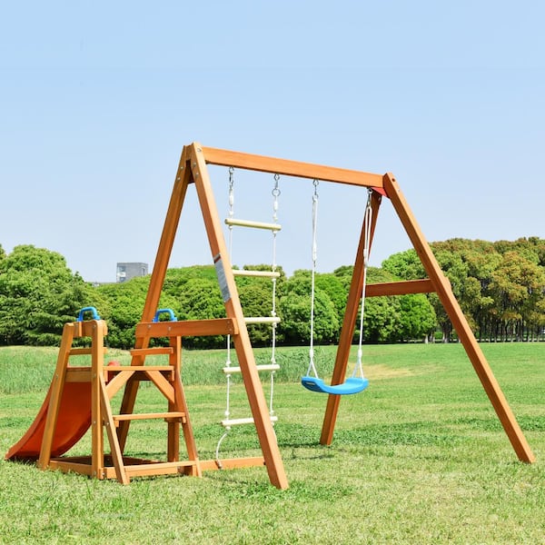 Angel Sar AD000001 Kids Wooden Swing Set with Slide, Outdoor Playset Backyard Activity Playground Climb Swing Set - 3