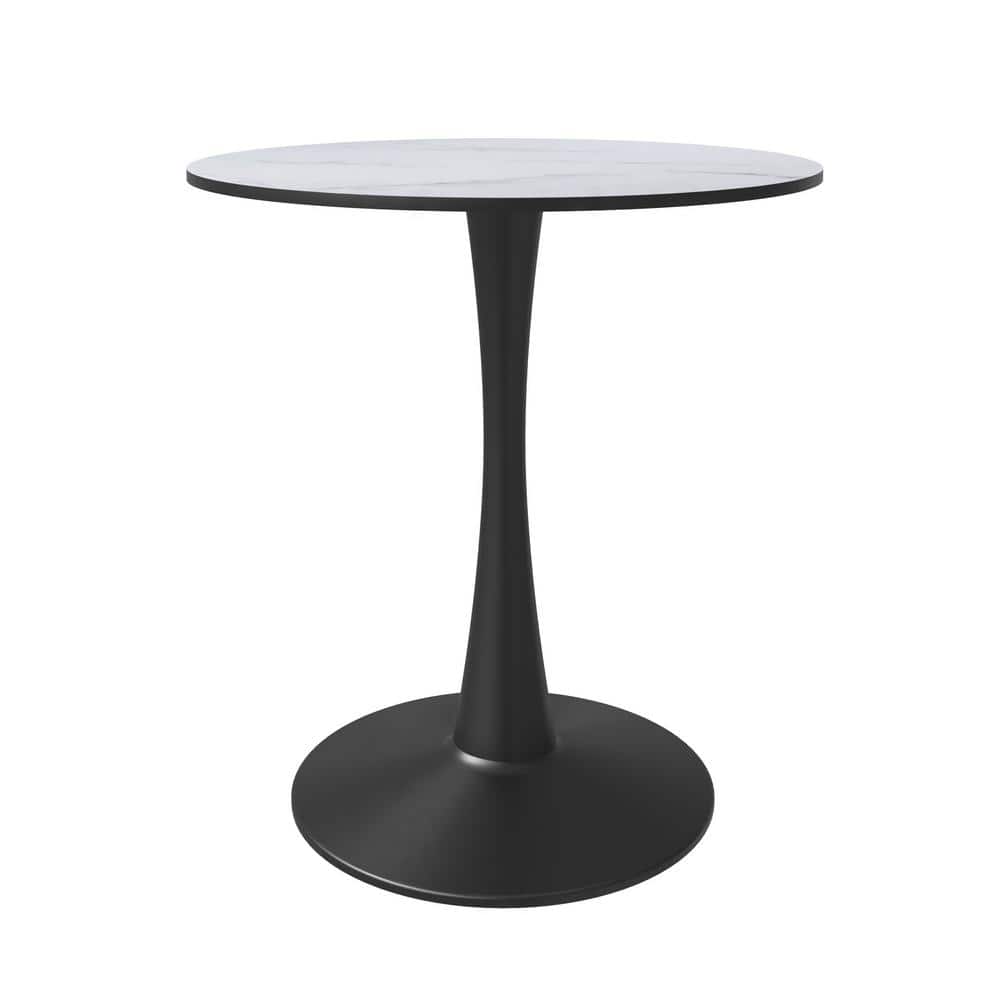 24" Round Marbled White MDF Dining Table with Black Steel Pedestal Base