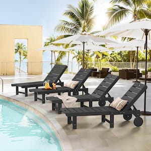 Heli Recycled Black HDPS Patio Lounge Chair Plastic Stackable Outdoor Chaise Lounge Chair with Wheel Set of 4