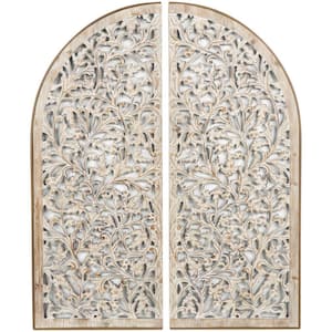 48 in. x 19 in. Wooden Brown Handmade Arched Floral Wall Art Decor with Intricate Carvings Set of 2