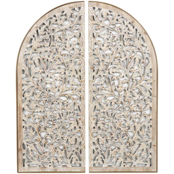 Litton Lane 48 in. x 19 in. Wooden Brown Handmade Arched Floral Wall Art Decor with Intricate Carvings Set of 2