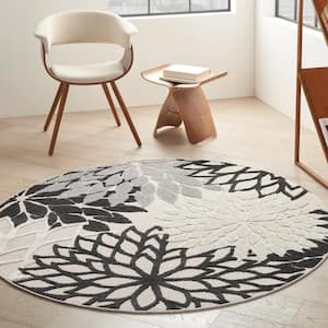Aloha Contemporary Black White 4 ft. Round Floral Indoor/Outdoor Patio Area Rug
