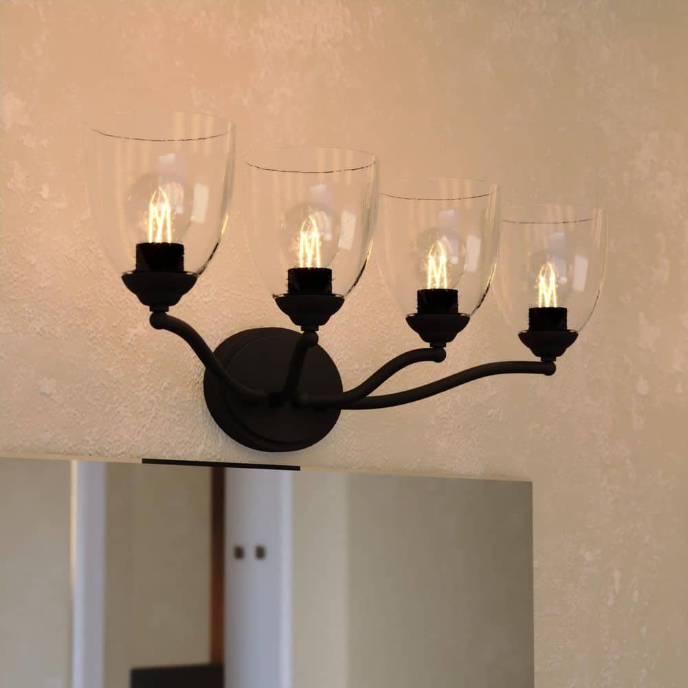 Bellwood 28 in. 4-Light Matte Black Vanity Light with Clear Seeded Glass Shade, LED Compatible Bathroom Wall Sconce price history on PriceWatchPro