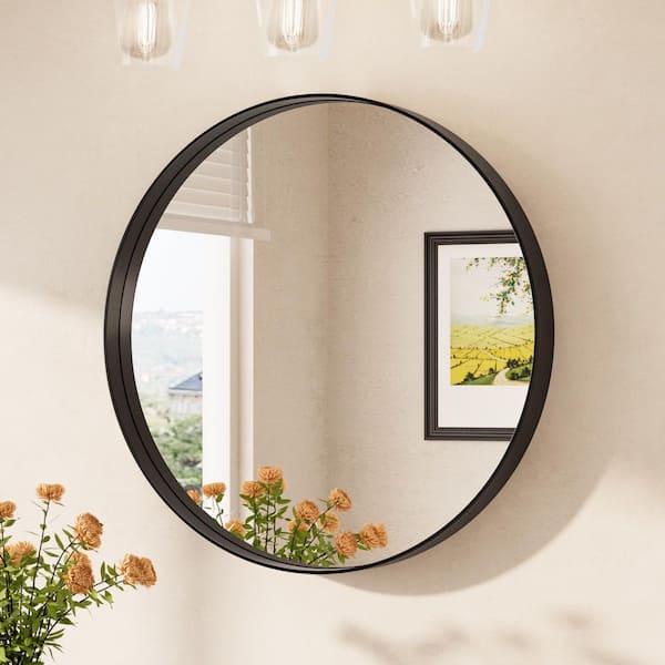 24 in. W x 24 in. H Medium Round Aluminum Framed Modern Wall Mounted Bathroom Vanity Mirror in Matte Black