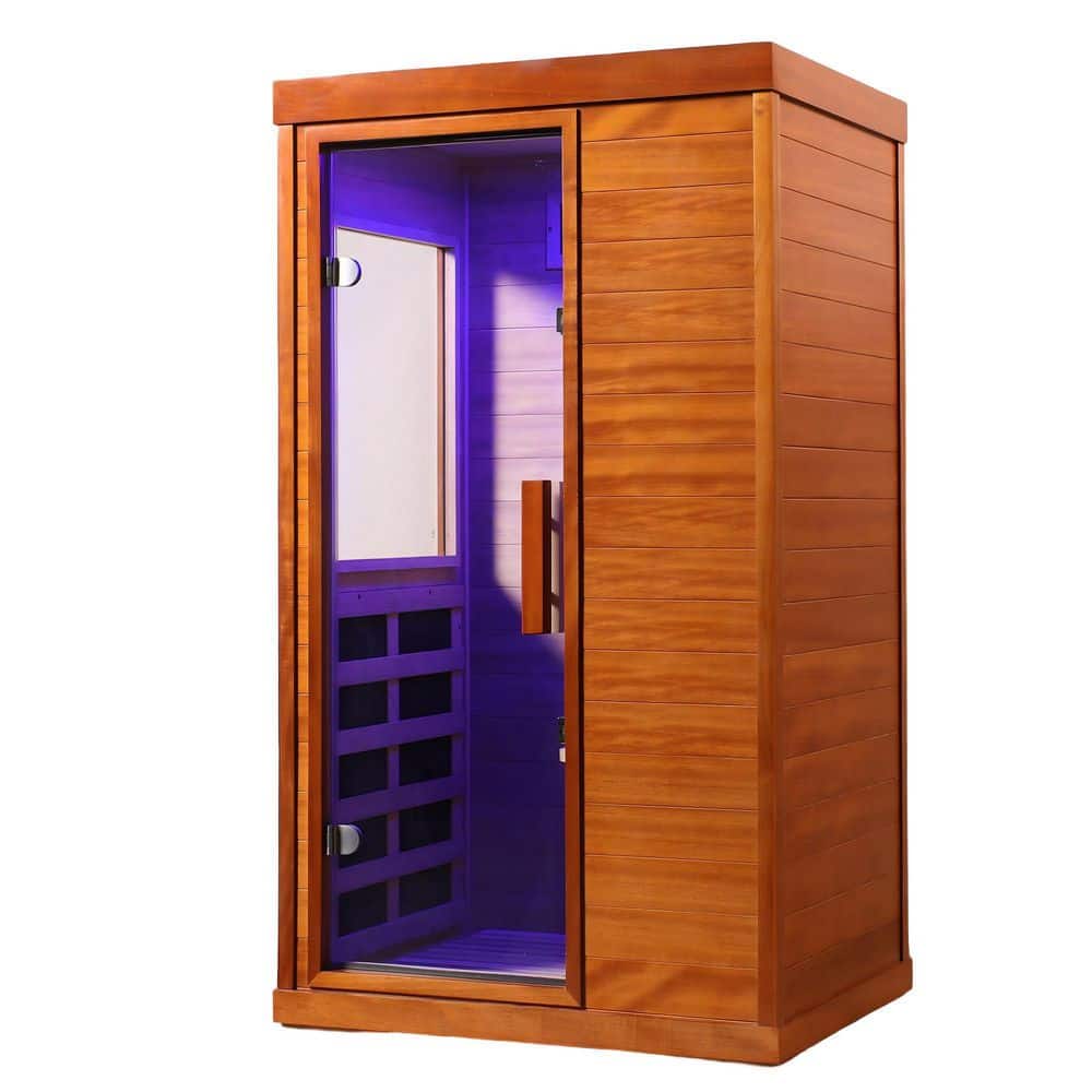1-Person Mini Far Infrared Indoor Sauna with Low EMF Heating, Bluetooth Audio, Touch Controls and LED Lighting in Red