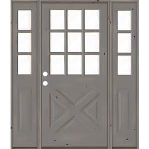60 in. x 80 in. Knotty Alder 2 Panel Right-Hand/Inswing Clear Glass Grey Stain Wood Prehung Front Door w/Double Sidelite