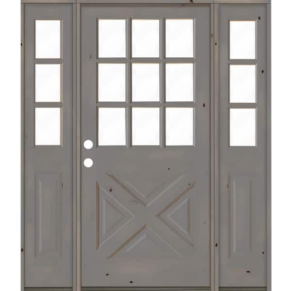 Krosswood Doors 64 in. x 80 in. Knotty Alder 2 Panel Right-Hand/Inswing Clear Glass Grey Stain Wood Prehung Front Door w/Double Sidelite
