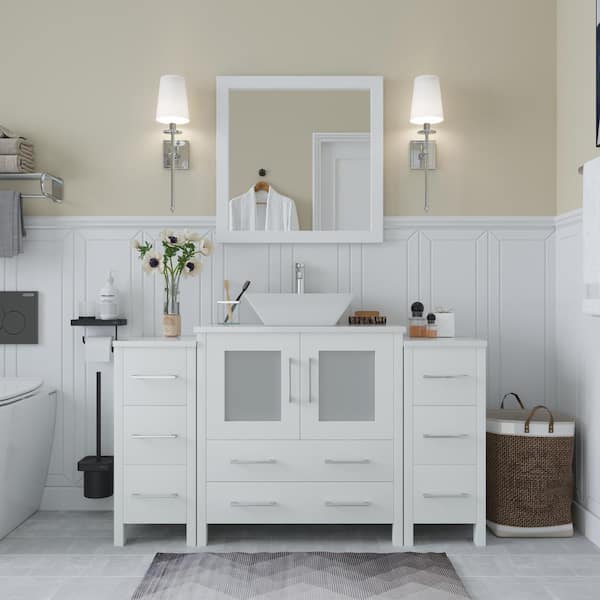 Ravenna 54 in. W Bathroom Vanity in White with Single Basin in White Engineered Marble Top and Mirror