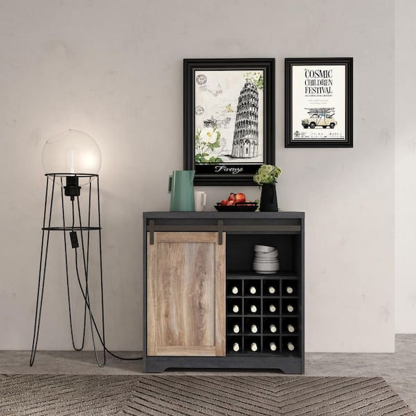 Boyel Living Black Particle Board 31.5 in. Sideboard Farmhouse Barn Door Bar Cabinet For Living Room