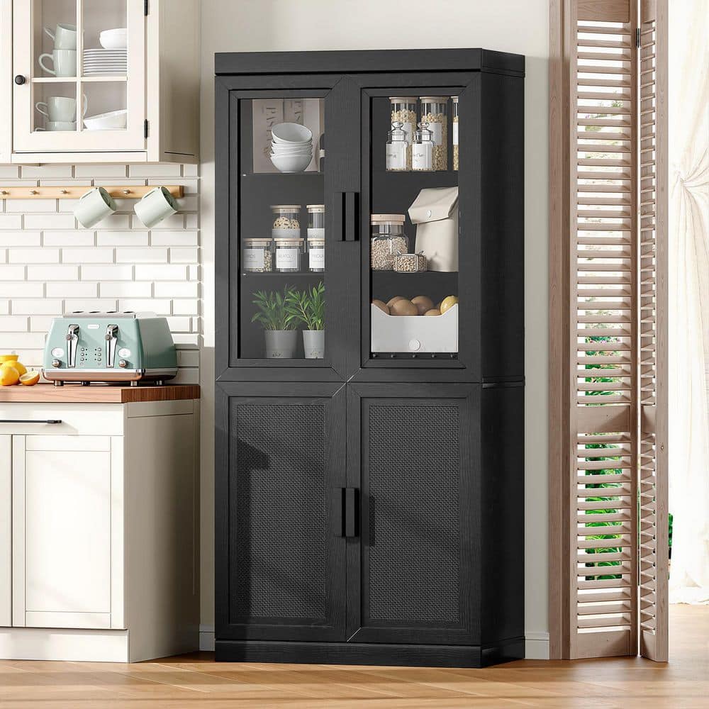 Black Solid Wood 31 in. W Dining Room Sideboard Pantry Cabinet with Glass Doors and Lower Wood Doors price history on PriceWatchPro