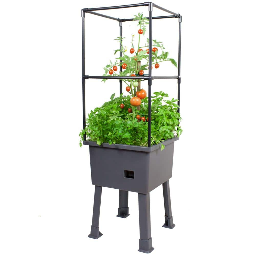 Frame It All Patio Ideas - 15.75" x 15.75" x 63" Self-Watering Elevated Planter with Trellis Frame and Greenhouse Cover