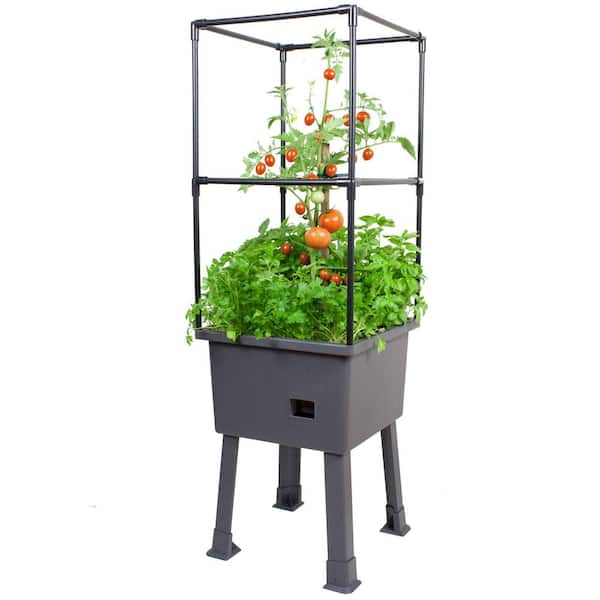 Frame It All Patio Ideas - 15.75 in. x 15.75 in. x 63 in. Self-Watering Raised Garden Bed with Trellis and Greenhouse Cover