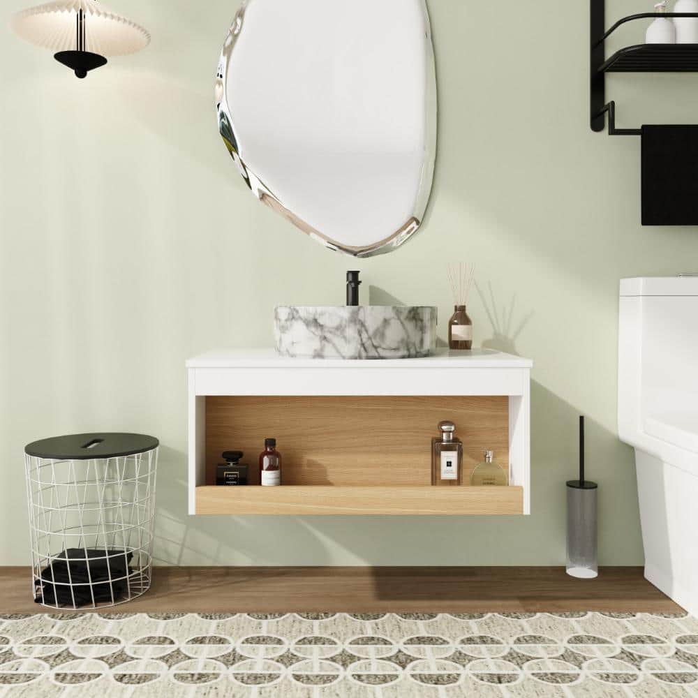 30 in. Wall-Mounted Single Light Oak Bath Vanity with White/Grey Ceramic Top Unassembled price history on PriceWatchPro