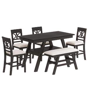 6-Piece Brown Wood Dining Table Set with Storage Shelf and Beige Upholstered Cushion