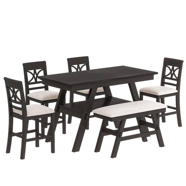 maocao hoom 6-Piece Brown Wood Dining Table Set with Storage Shelf and Beige Upholstered Cushion
