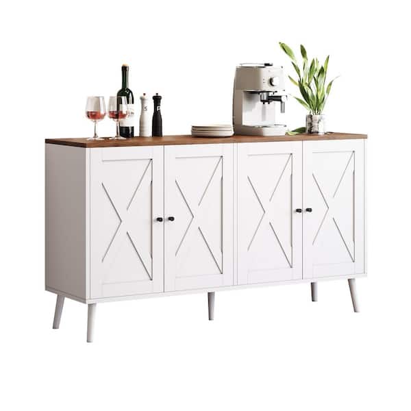 White Wood 47.2 in. W Elegant Curved Sideboard with Gold Trim and Woven Rattan Doors
