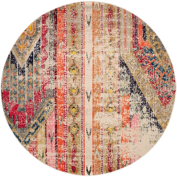 SAFAVIEH Monaco Light Gray/Multi 9 ft. x 9 ft. Round Distressed Area Rug