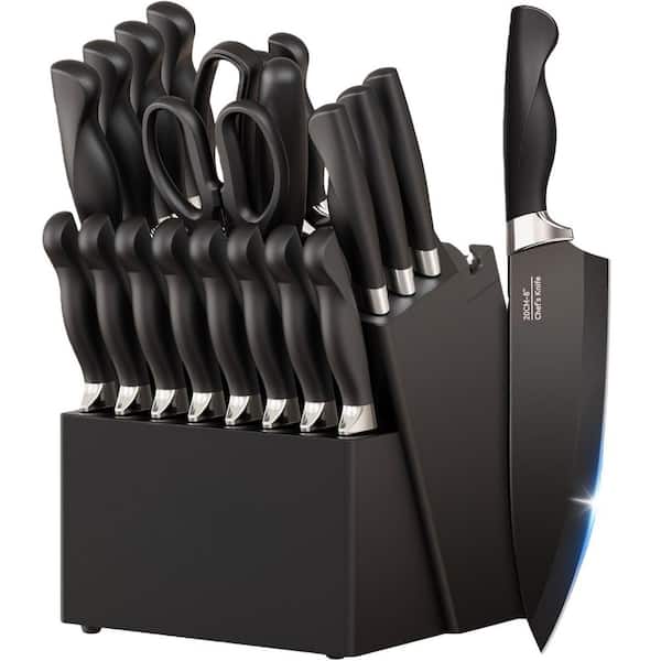 21-Piece Black German Stainless Steel Knife Set with Block and Sharpener, Ultra-Sharp Knives Set with Ergonomic Handles