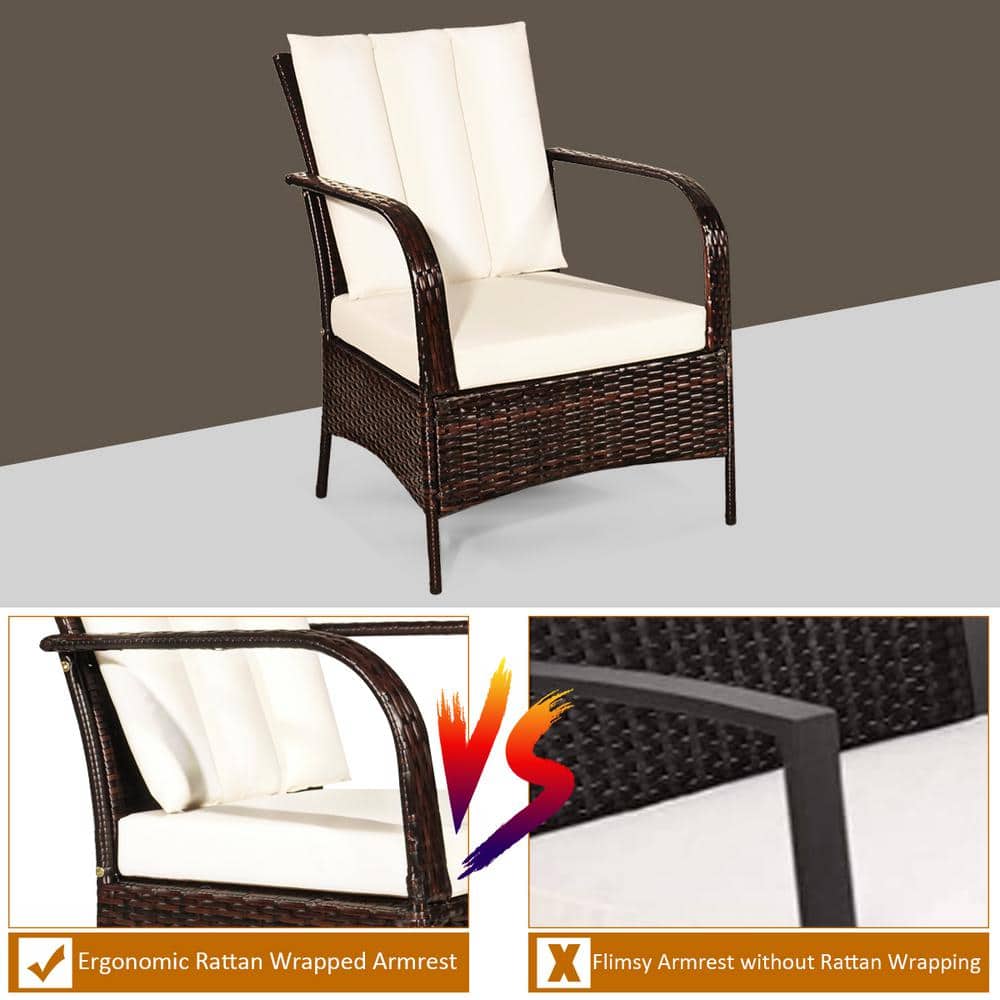 3-Piece Beige Rattan Patio Set with Cushions and Glass Table