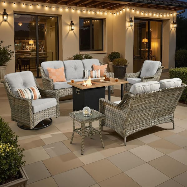 Toject Eureka Grey 6-Piece Wicker Outdoor Patio Conversation Sofa Loveseat Set with a Storage Fire Pit and Light Grey Cushions